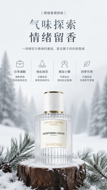 [第6屏] 情绪香调体验，描述北国雪松香水带给人的情绪感受与场景适配。本屏使用【图1】作为产品展示。
[氛围/风格] 文艺氛围感，低饱和色调，干净简约的自然场景，高级静谧质感。
[元素布局] 画面下半预览效果