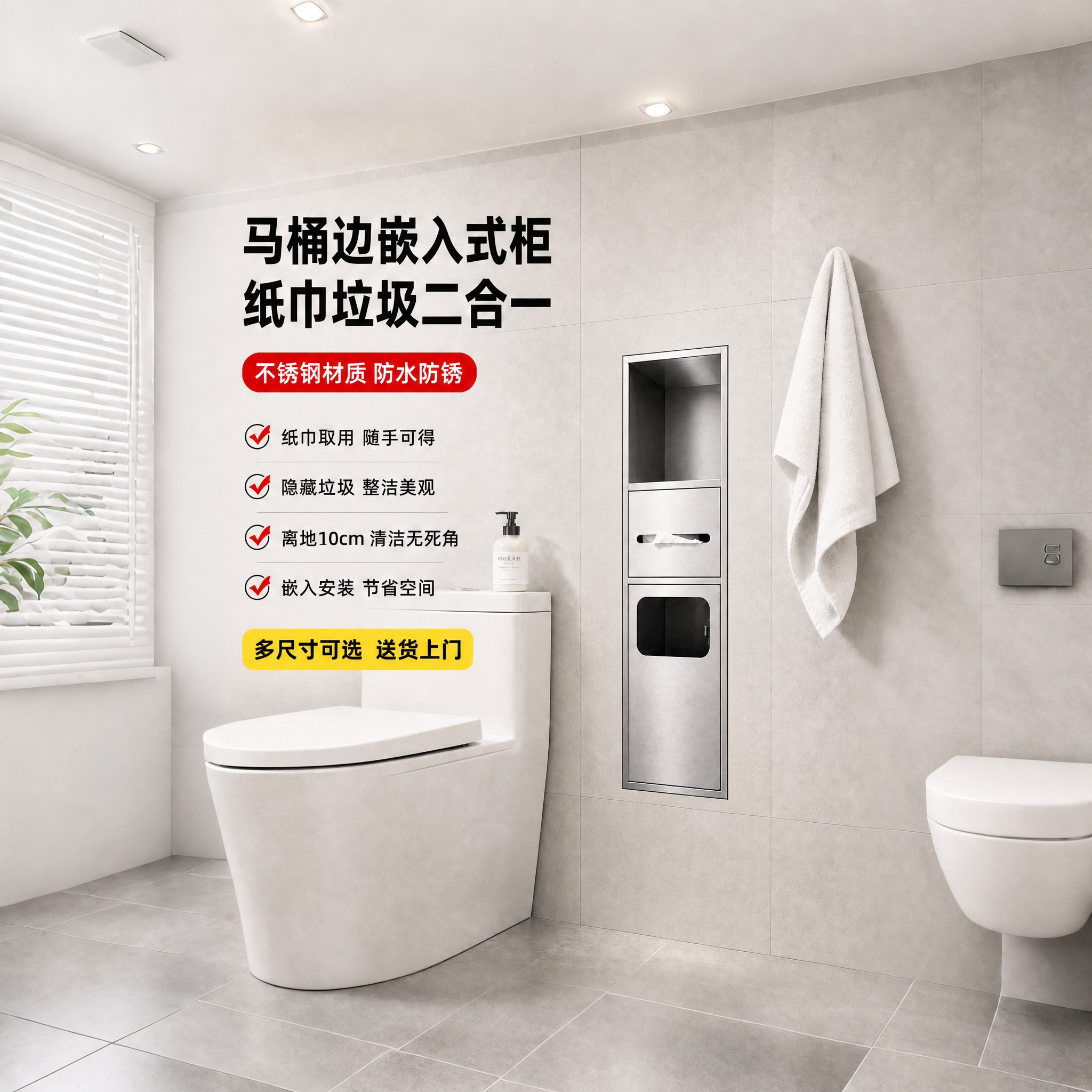 保持卫生间整体场景、白色马桶、左侧所有文字标题和卖点内容完全不… - 图片创意预览
