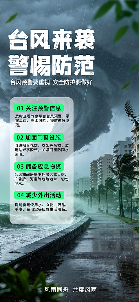 写实风雨背景台风防范科普竖版海报 社区物业防汛安全通知素材