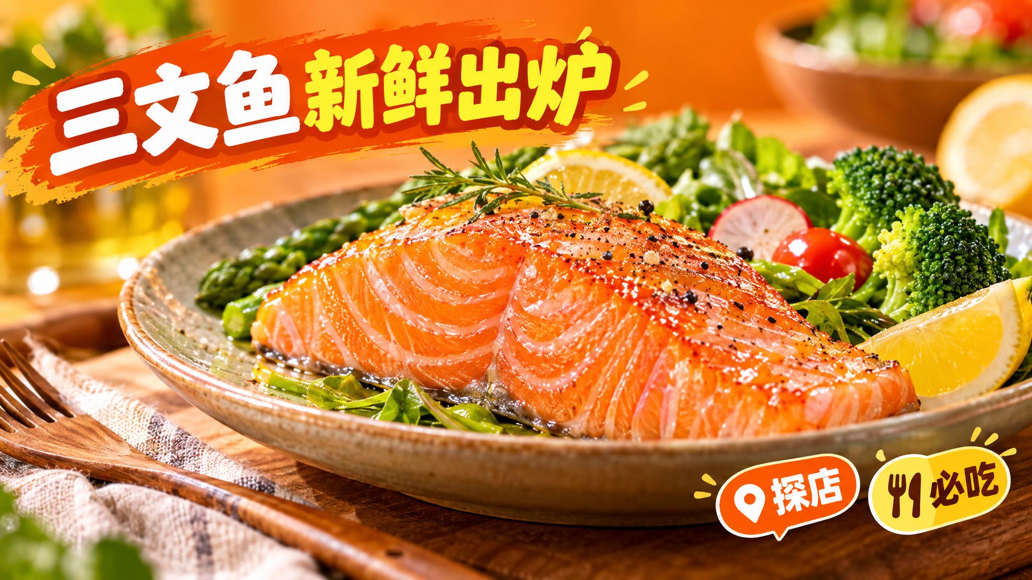 活力美食风格，暖橙色背景，画面中心是一盘色泽诱人的三文鱼，鱼肉… - 图片创意预览