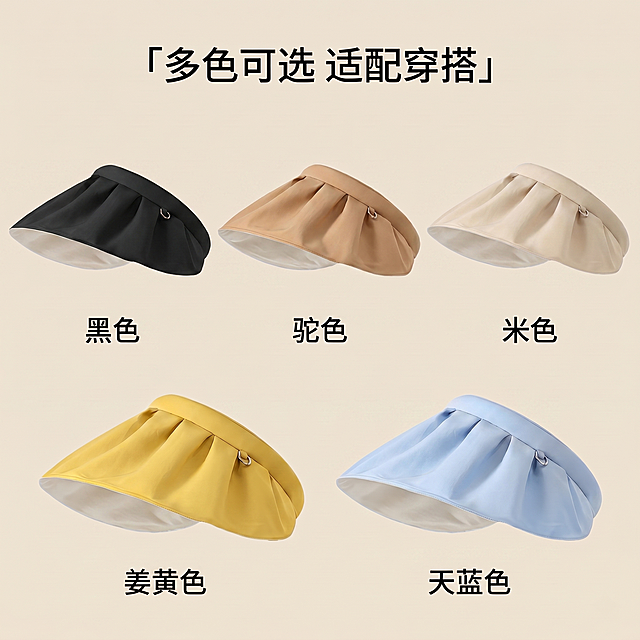 重新调整这张SKU展示图，排列为五个颜色：黑色 驼色 米色 姜黄色 天蓝色，保持2行排列，上排3个下排2个，布局均衡整齐。将原来的粉色替换为天蓝色，新增驼色，每个帽子下方标注正确的颜色名称。保持整体背景、标题样式、帽子款式结构细节全部和原图一致，每个帽子大小比例统一，间距均匀。