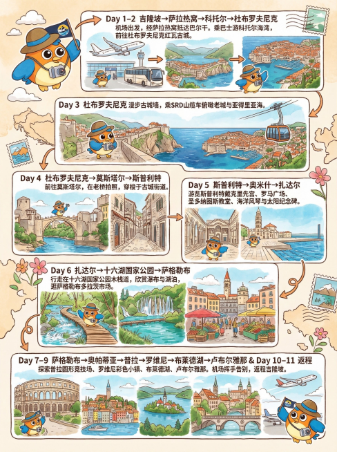 生成一幅手绘旅行行程信息插画风格的作品，竖版信息图排版，整体分为 6 个行程区块，以弯曲箭头串联时间顺序，清楚呈现巴尔干半岛多国旅行路线。（尺寸 3:4）

画面主角为同这只所上传的原创 mascot预览效果