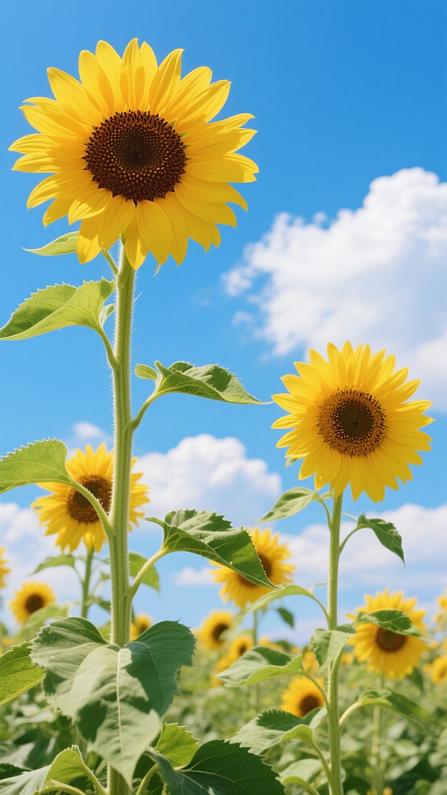 一片生机盎然的向日葵花田，前景中几朵盛开的向日葵占据主要视觉位置，金黄色的花瓣层层叠叠，中心是深棕色的花盘，布满细密的葵花籽，花茎挺拔，翠绿的叶片舒展，边缘带有自然的锯齿。向日葵们迎着阳光，花盘微微上扬。背景是晴朗的蓝天，漂浮着几朵蓬松的白云，阳光明媚，光线充足，在花瓣和叶片上形成明亮的高光和清晰的阴影，整体画面色彩鲜艳明快，充满夏日的活力与温暖。