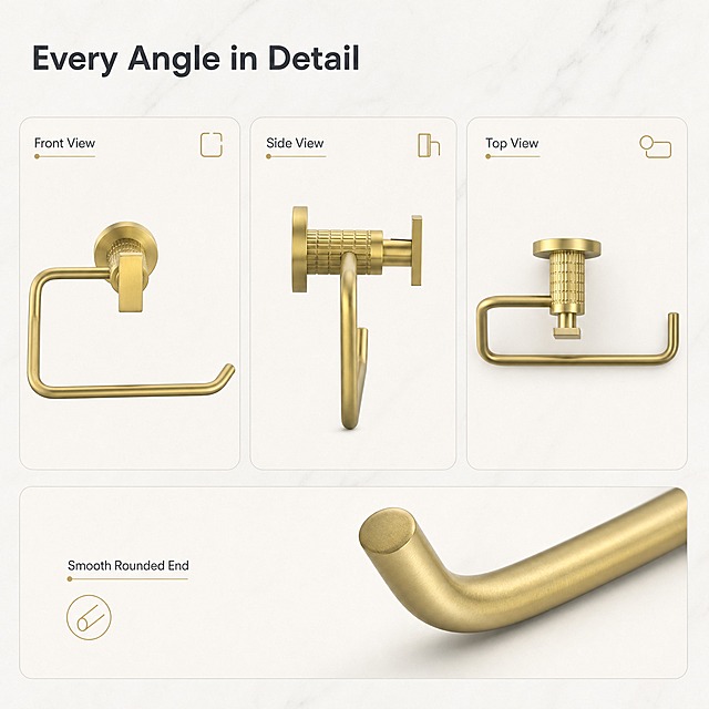 [主图-7] 金色浴室手巾环（Gold Towel Ring）多角度展示图，唯一任务是同时呈现产品正面、侧面与俯视三个视角的结构形态，并补一个收口细节，不重复尺寸数值与场景适配信息。
[统一基调] 现代极简高端卫浴电商信息图：背景主色浅灰米白 #F2F0EB 与白色大理石纹，标题字色深石墨灰 #2E3238，辅助字色中灰 #6B7178，强调色香槟金 #C8A96A；只使用一款无衬线字体，仅字号层级变化；组件统一为 8px 圆角细描边卡片、1px 浅灰描边、细线引线配金色圆点、线性金色小图标。
[画面] 上部标题，其下横排三格等宽卡片，分别展示产品的正面视图、侧面视图与俯视视图，三格同底色、同光向、同圆角样式、同标签位置，卡片文字依次为 "Front View"、"Side View"、"Top View"；三格中的产品必须保持完全一致的外观、结构、材质、颜色与比例，只是视角不同；底部一条通栏细卡片中放开口环臂端部收口放大细节，标注 "Smooth Rounded End"；同屏视角明显区分，不出现两格相同角度。
[光影质感] 三格统一柔和顶侧光，金属金色高光干净不重叠，接触阴影准确，细节卡内表面无水渍、指纹、划痕与脏反光。
[配色] 浅灰米白底、香槟金主体、中灰文字，环境仅带极浅中性灰。
[文字版式] 标题 "Every Angle in Detail" 置左上留白区、字号最大，四个标签字号为标题 50% 以下，全部横排、无逗号、无中文；文字放在留白区不遮挡产品。
[输出要求] 1:1 正方形，三格视角准确、产品清晰；负向：视角重复、结构变形、错字、模糊、水印、平台 Logo、中文内容。