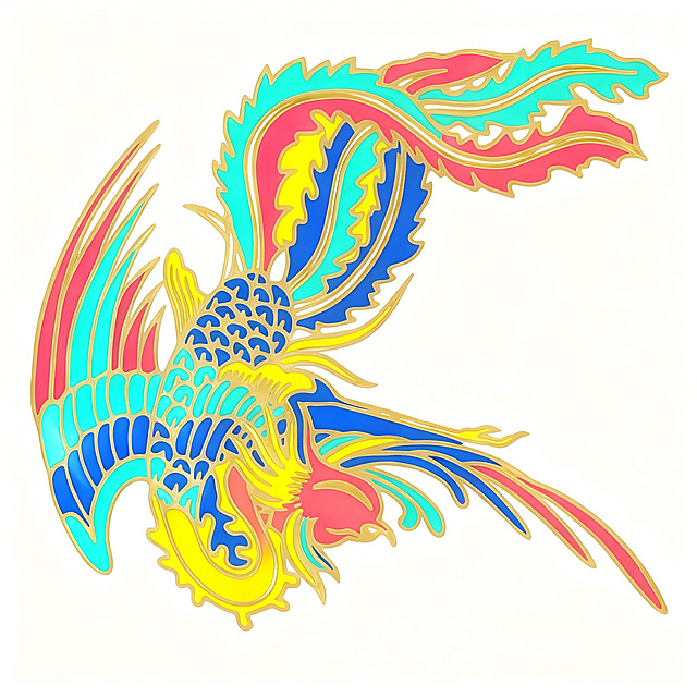 确保凤凰所有轮廓描边调整为纯正的浅金色，保持填色区域玫红色、青色、蓝色、亮黄色不变，整体造型不变
