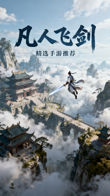 3D仙侠风格手游宣传图，云雾缭绕的仙侠世界，一名御剑飞行的修士，画面大气壮观，主标题文字"凡人飞剑"，副标题文字"精选手游推荐"，整体风格仙侠玄幻，细节丰富，画质精美预览效果