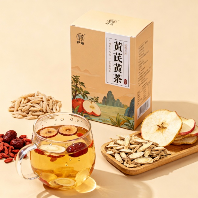 高端摄影海报，「苹果黄芪」，米色背景，素材都集中在中间（边上不能有素材是超出花光的），所有素材都围绕着产品，，全部露出：
1. 主体核心：产品包装盒（视觉重心）
位置：画面中央偏右，突出立体度，产品最预览效果