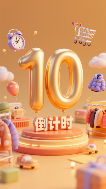 巨大的金色数字“10”的气球，下方小标题“倒计时”，购物车，羽绒服以及各类服饰，闹钟悬浮在周围，暖色调，促销氛围预览效果