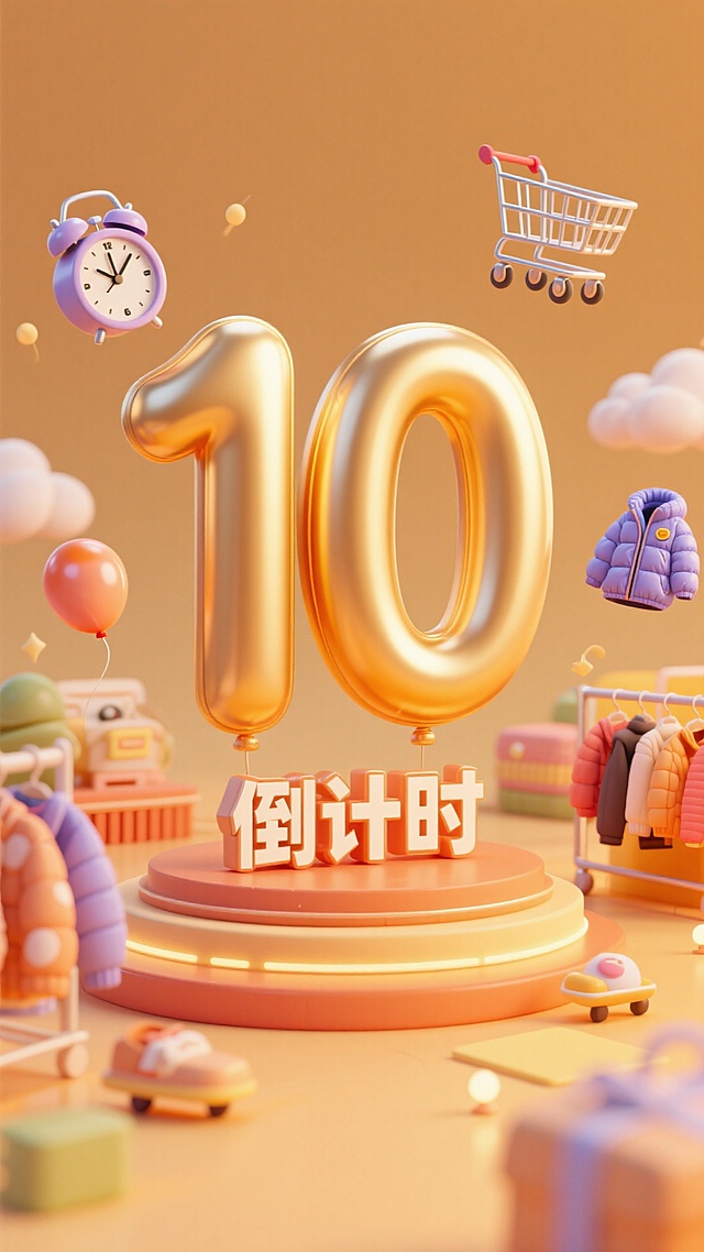 巨大的金色数字“10”的气球，下方小标题“倒计时”，购物车，羽绒服以及各类服饰，闹钟悬浮在周围，暖色调，促销氛围