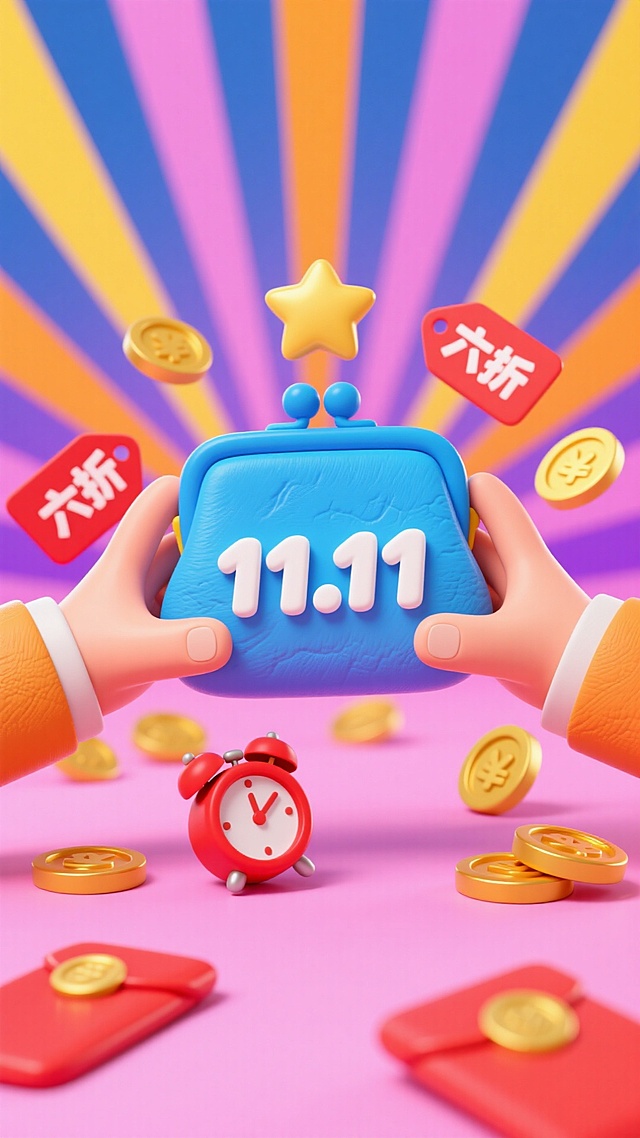 主体是从左右俩侧伸出两只肉色的手托起蓝色渐变的粘土钱包。钱包上面有白色立体“11.11”字样。钱包周围向心状环绕着很多元素：一个红包；很多红色底白色“六折”字样的价标，很多金币，一个红白配色的闹钟，很多金色星星元素。整体构图对称且富有层次，色彩以黄、橙、紫、粉为主，明亮活泼，传达出轻松愉悦的购物狂欢主题。背景是明亮的粉色放射状平面，没有其他物品和平台。