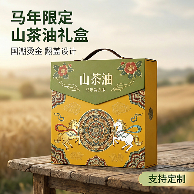 [主图 1] 马年限定山茶油礼盒首图展示
[氛围风格] 乡村田园治愈风，自然温馨氛围。
[画面元素] 商业摄影质感、光线柔和通透、产品清晰真实、画面干净高级。山茶油礼盒居中放置在风化木质桌面上，背景为朦胧田园风光，自然暖光漫射，整体质感高级干净。产品外观需和原图保持完全一致。
[配色色系] 主色调：原木暖黄色、礼盒橄榄绿；辅助色：田园自然绿色，浅棕色。
[视角构图] 正面平视，产品完整展示，景深适中。
[文字版式] 左上角左对齐，保留安全边距。主标题 "马年限定 山茶油礼盒" 深绿色最大号粗体字；副标题 "国潮烫金 翻盖设计" 字号缩小一半，深灰色。右下角标签 "支持定制" 烫金字浅绿底。
[比例分辨率] 1:1 比例，2k 分辨率；文字清晰可辨，超高清。
[负向提示词] 变形，水印，文字错乱，产品图模糊，背景杂乱，文字遮挡主体。
