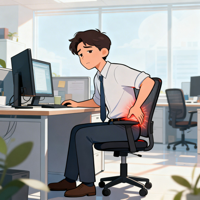 卡通风格插画，一位坐在办公室工位的男性，扶着自己酸痛不舒服的腰部，表情略带疲惫，周围是电脑、办公桌椅等常见办公室环境，整体风格清新明快预览效果