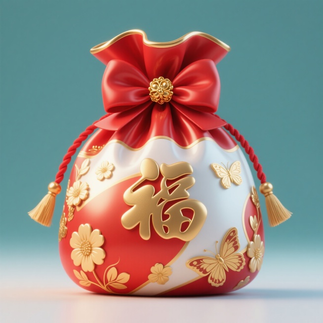 3D风格的福袋，变换样式造型，保持纯色背景，主色调为红色与白色，搭配金色装饰，高光明显，阴影柔和，表面光滑有光泽，袋身上有金色的花朵和蝴蝶图案，顶部系着一个大大的红色蝴蝶结，蝴蝶结中间有金色的装饰物，袋口两侧有红色的绳带和金色的流苏，整体呈现出喜庆、吉祥的氛围，立体感强，细节丰富，构图居中，视觉焦点突出。预览效果