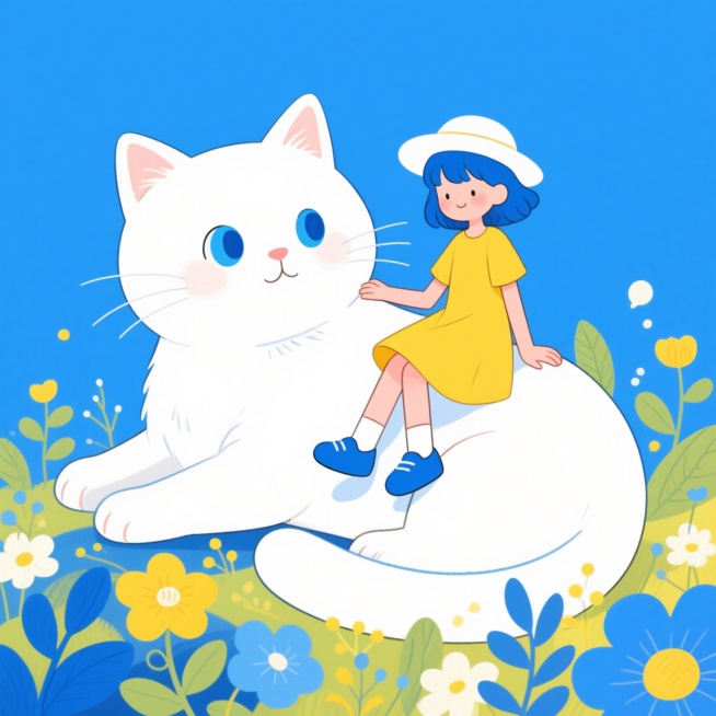 画面以明亮的蓝色为主色调，营造出清新、活泼的氛围。画面左侧是一只巨大的白色猫咪，它的眼睛是蓝色的，显得非常可爱。猫咪的右侧是一个穿着黄色连衣裙、戴着白色帽子的女孩，她的头发是蓝色的，脚上穿着蓝色的鞋子。女孩坐在猫咪的身上，右手轻轻搭在猫咪的身上，显得非常亲密。画面下方是一些蓝色和黄色的花朵和叶子，增加了画面的层次感和丰富度。整体画面采用了卡通风格，线条简洁流畅，色彩鲜艳明亮，给人一种轻松愉快的……预览效果