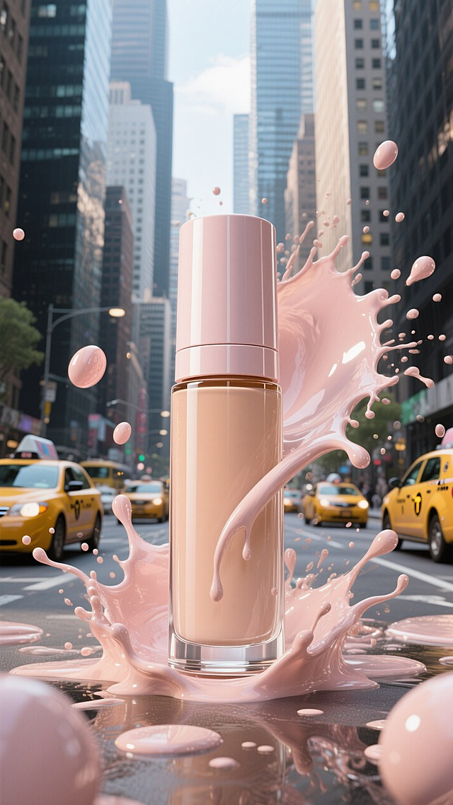 以城市街道（高楼林立，有黄色出租车）为背景，画面中心是一瓶巨大的粉底液，周围飞溅着大量与粉底液同色的液体团块