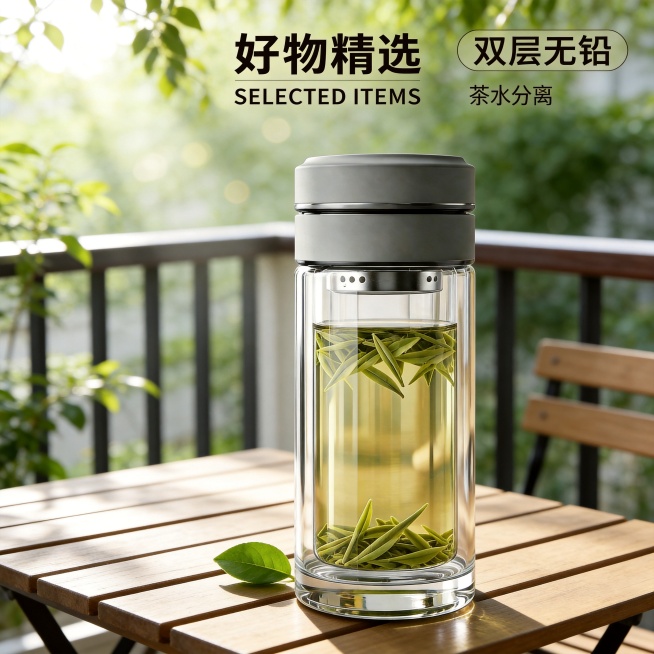 日式原木风阳台场景，浅实木户外茶桌，上午微风透过绿植洒下光斑，柔和自然光影，主体高透双层茶水分离玻璃杯，保留原灰色盖子，玻璃杯旁点缀一片绿叶，构图极简，色调清新低饱和，文字好物精选 SELECTED预览效果