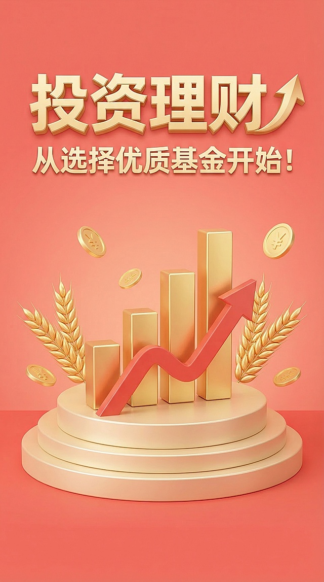 这是一张基金理财推广场景的竖版投资产品海报，暖色调3D商务插画风格。背景为浅珊瑚红渐变，中央是多层浅香槟金圆形展台，台上有金色柱状图、红色向上波浪箭头，搭配金色麦穗与漂浮金币。顶部居中位置有浅香槟金粗体立体大字 "投资理财"，右侧带有同色向上箭头装饰。标题下方居中位置有浅香槟金无衬线体大字 "从选择优质基金开始！"，文字带有轻微立体阴影效果。