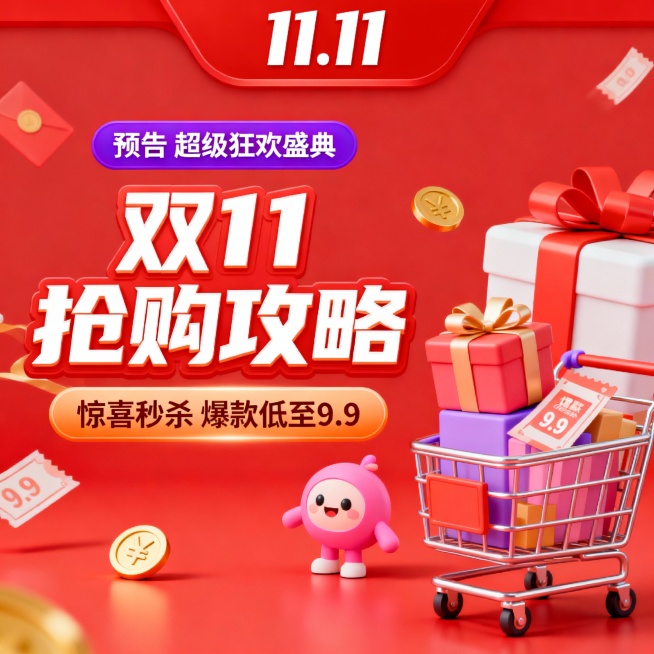 以红色为主色调的双11促销海报，顶部有“11.11”标识，搭配“预告 超级狂欢盛典”的紫色提示框。核心是白色艺术字“双11抢购攻略”，下方标注“惊喜秒杀 爆款低至9.9”的橙色提示条。画面右侧有卡通化预览效果