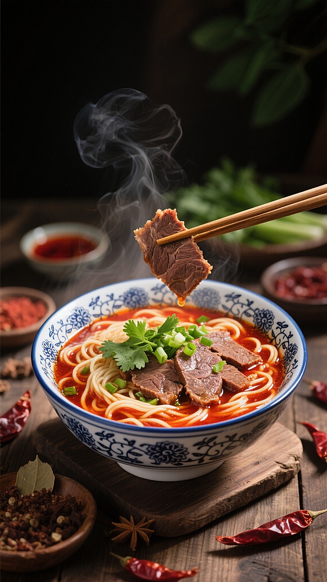 一碗热气腾腾的牛肉汤面，汤色红亮浓郁，面条根根分明，汤面上漂浮着翠绿的葱花和香菜，几片大块的酱牛肉沉在碗底，一双筷子正夹起一块牛肉悬在碗上方，碗的边缘有蓝色花纹，碗放在木质桌面上，周围散落着干辣椒、装着红油和香料的小碗、以及模糊的绿色蔬菜，整体画面采用暗调背景，主光源从左上方打亮碗内食物，营造出温暖诱人的氛围，突出食物的质感和色泽，具有强烈的食欲感和中式美食的写实风格。