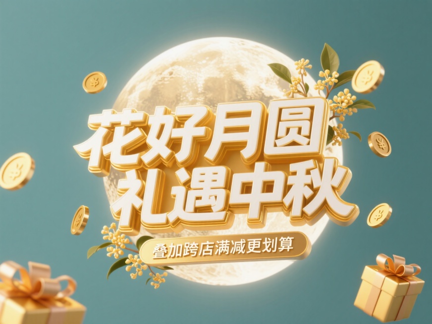 大标题“花好月圆 礼遇中秋”（白色字金色边）底部悬浮副标题""叠加跨店满减更划算""周围漂浮着金币与礼品盒，字体后面有一个超级大月亮，周围点缀桂花元素，暖金色调，纯色背景预览效果