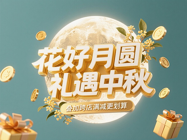 3D风格中秋海报，大字风设计，金色元素点缀，喜庆氛围浓厚。