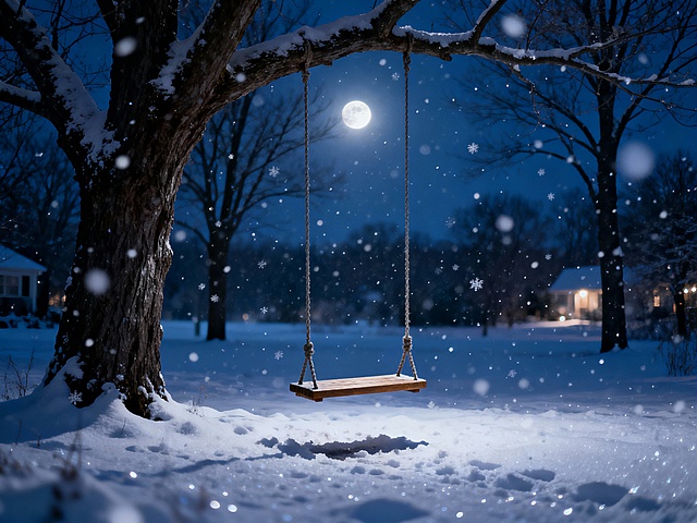 夜晚的雪地有一个秋千