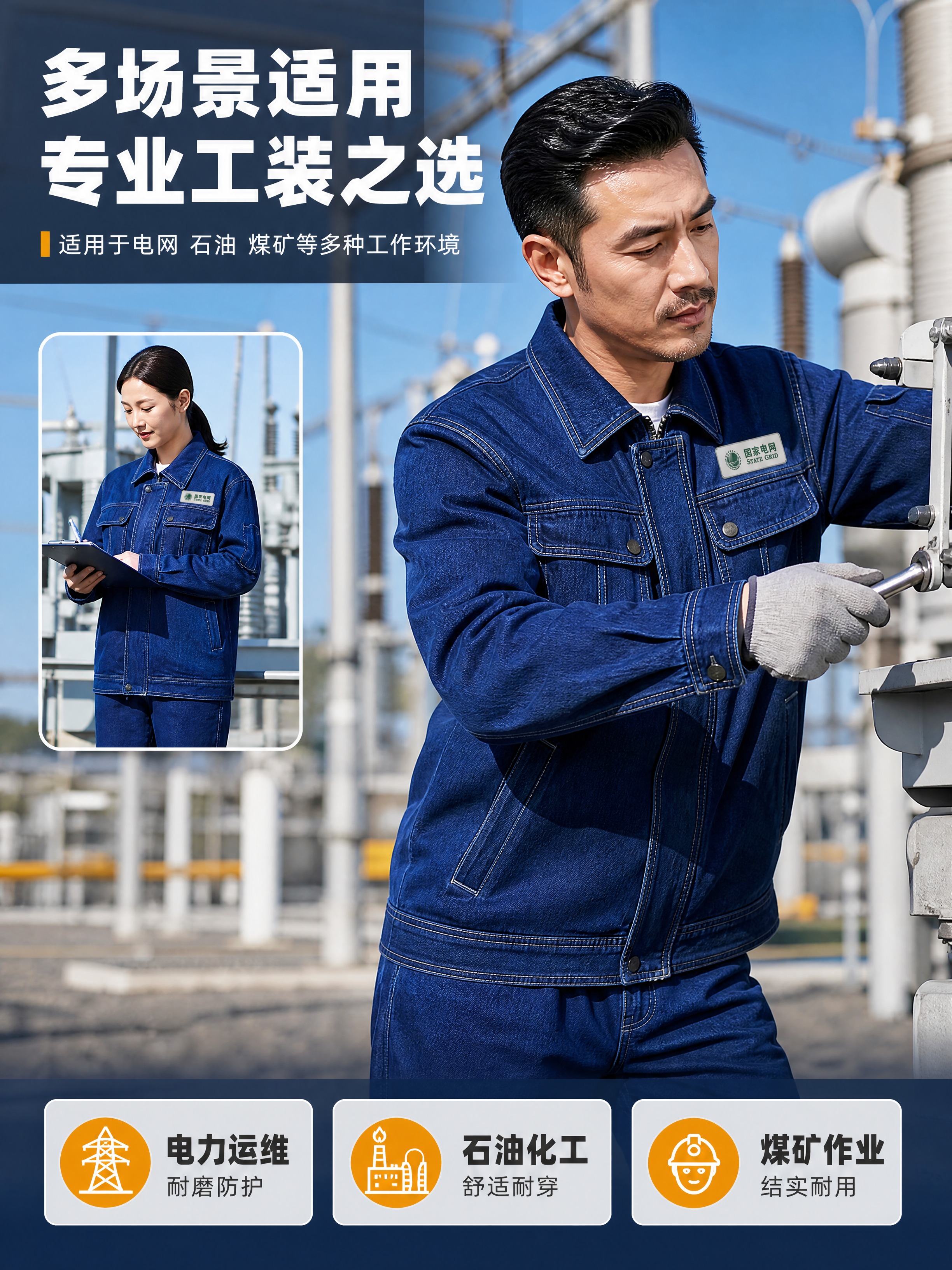 [商品] 使用【图1】男女模特牛仔工作服套装；保留全套深蓝牛仔… - 图片创意预览