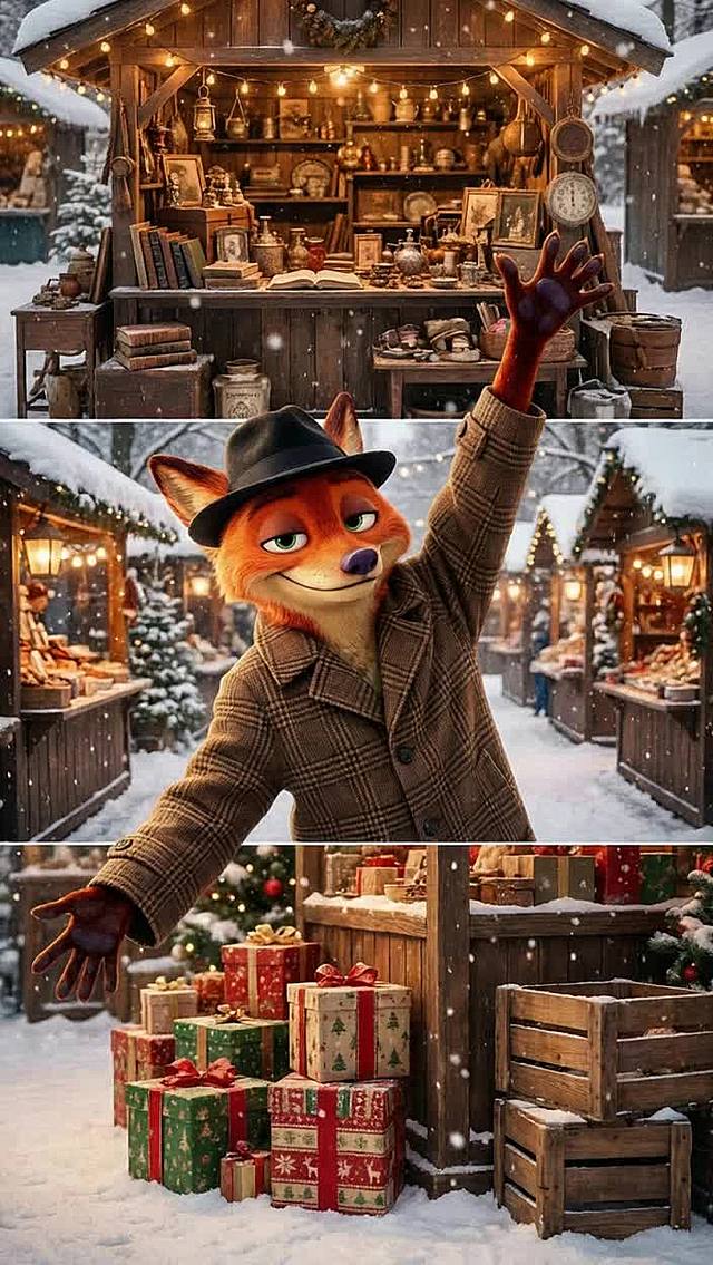狐狸穿复古格纹呢子大衣、黑礼帽，面向镜头微笑。三宫格冬季雪天场景，三宫格的高度完全相等：第一张是冬季旧物市集木屋摊位场景，木屋摊位摆满复古小物；第二张为冬季户外市集过道场景，过道两侧是覆雪的摊位；第三张为冬季户外市集角落场景，有一些圣诞风格的礼盒