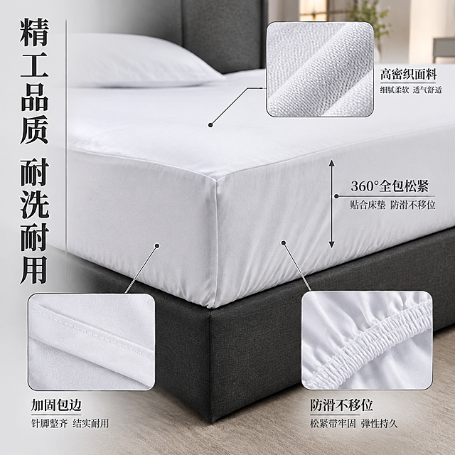 [主图-3] 床笠面料材质与工艺细节展示图，突出品质与做工。
[统一基调] 简约高级酒店风，深灰与白色为主色调，暖调自然光，衬线体标题，整体干净稳重有品质感，符合1688批发B端源头感。
[画面] 微距特写床笠的多个工艺细节，采用画中画组合形式。主画面为床笠边角全包结构特写，展示床笠侧面深度与松紧带设计，体现360度全包防滑。右上角小图展示面料编织纹理微距，清晰可见经纬纱线。左下角小图展示包边缝线工艺，针脚整齐细密。右下角小图展示床笠角部的松紧带细节。各细节图用细线引线标注对应位置。
[光影质感] 影棚级柔光，突出面料纹理与缝线细节，阴影柔和，质感高级，体现精工细作品质。
[配色] 主色白色+深灰色，背景浅灰渐变，整体干净明亮。
[文字版式] 左侧垂直排列主标题：精工品质 耐洗耐用；右侧对应各细节标注文字：360°全包松紧 高密织面料 加固包边 防滑不移位。文字使用深灰色衬线字体，主标题竖排加粗，标注文字小号清晰，排列整齐。
[输出要求] 1:1正方形，2K高清，细节清晰锐利，文字清晰可读，无水印无平台logo，画面专业有品质感。