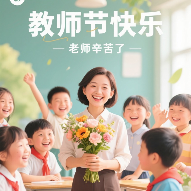 教师节主题海报，中心是一位面带开心笑容的老师手持鲜花，周围环绕着洋溢着笑容的学生们，整体场景温馨治愈，画面上方有“教师节快乐”文字，下方有“老师辛苦了”文字，色彩明亮柔和，充满感恩氛围预览效果