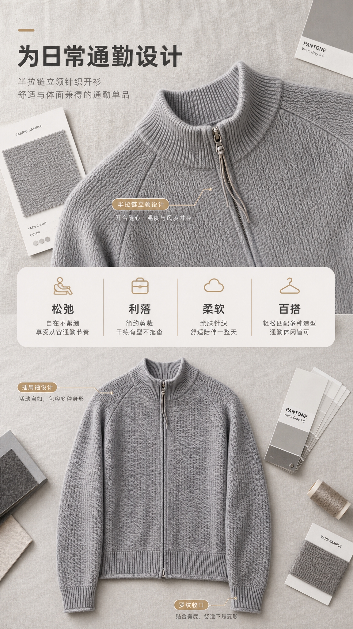 [商品] 使用【图1】灰色立领半拉链针织开衫；商品处理：保留立… - 图片创意预览