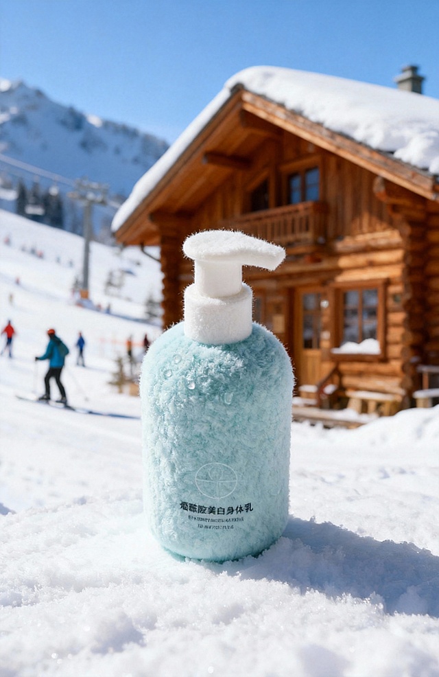 将图示商品变成摇粒绒质感，还原商品颜色、文字、图案细节。冬日滑雪场木屋场景