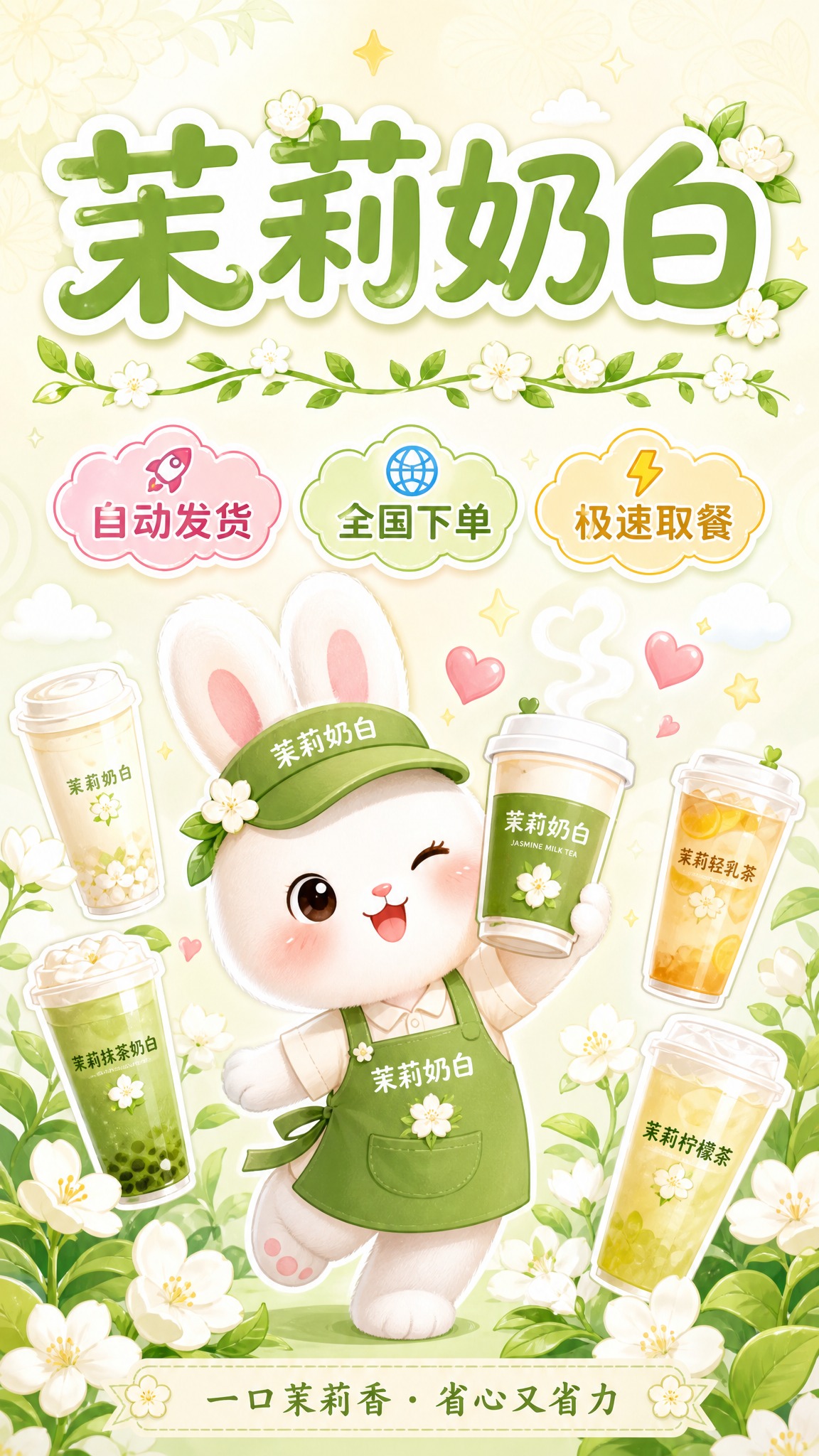 一张茉莉奶白奶茶代下单服务宣传海报，竖版9:16比例，生动可爱… - 图片创意预览