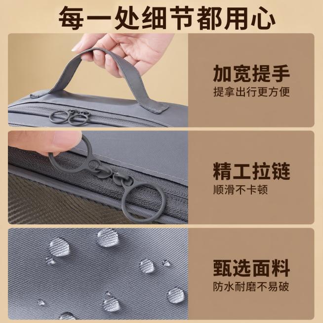 [主图-3] 鞋子分层收纳袋材质与细节展示
[氛围风格] 品质细节风，突出做工和耐用性
[画质] 微距商业摄影质感，细节清晰锐利，材质纹理真实
[元素] 拼合展示三个核心细节：上方加宽提手特写，中间精预览效果