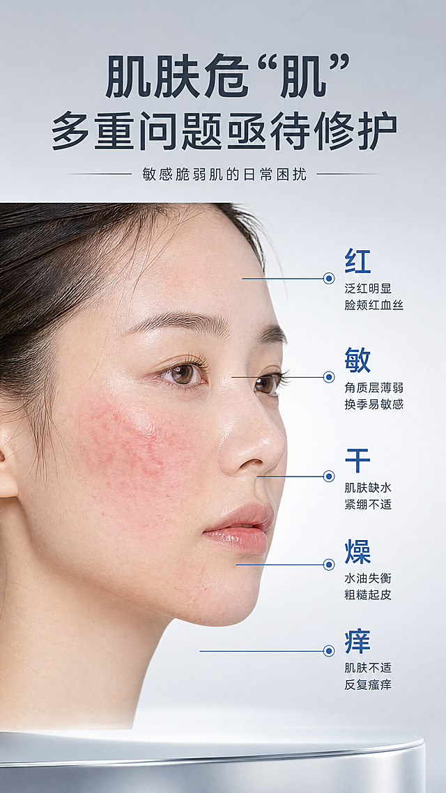 [第2屏] 详情页痛点直击-肌御佳冷玛吉凝脂焕颜面膜贴肌肤问题展示。参考图2简约专业风格，银灰渐变背景，医美质感，清晰信息层级。页面上方放大标题，中部放泛红敏感脸部侧特写，标注红、敏、干、燥、痒五个痛点。均匀打光，浅银灰渐变底色，深灰标题配蓝色标注，9:16竖版，4K分辨率，文字清晰。负面提示：文字错乱，脸部变形，水印，背景杂乱。