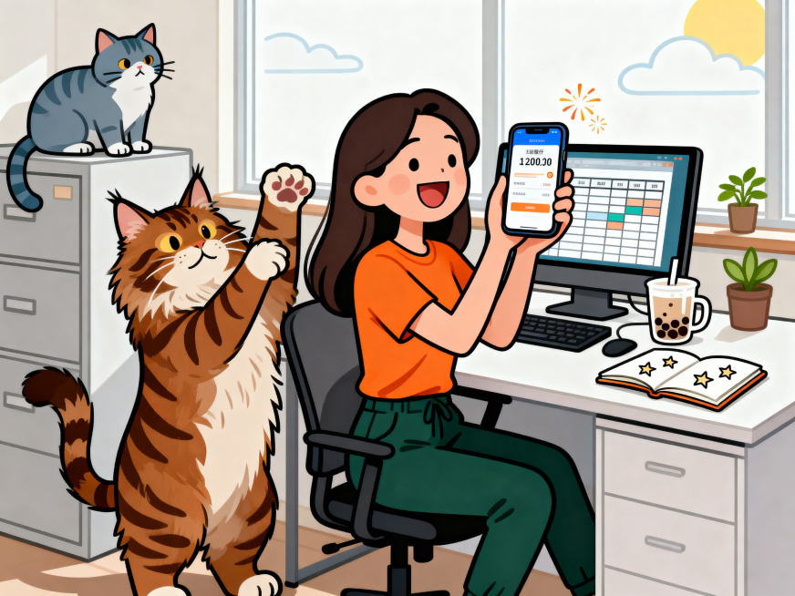 现代极简扁平插画风，矢量图，干净利落的细黑描边，无渐变无阴影，纯色填充。画面主体是一位温柔的职场妈妈，留着长发，身穿暖橙色T恤搭配深绿色休闲裤，坐在办公桌前，双手举着手机，脸上洋溢着抑制不住的开心笑容预览效果