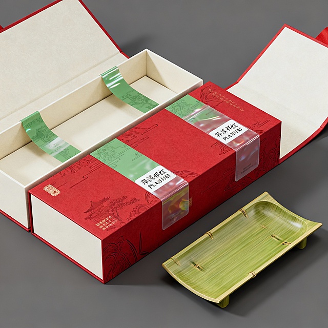 生成磻溪祁红双赛道包装设计图，礼品包装为竹纤维榫卯盒+热敏油墨工艺+AR二维码的三维效果图和平面展开图，电商包装为可展开展示盒+茶托结构+PLA密封贴的三维效果图和平面展开图，整体风格融合非遗工艺与现代环保理念，色彩采用朱砂红、竹青、米白的自然色系