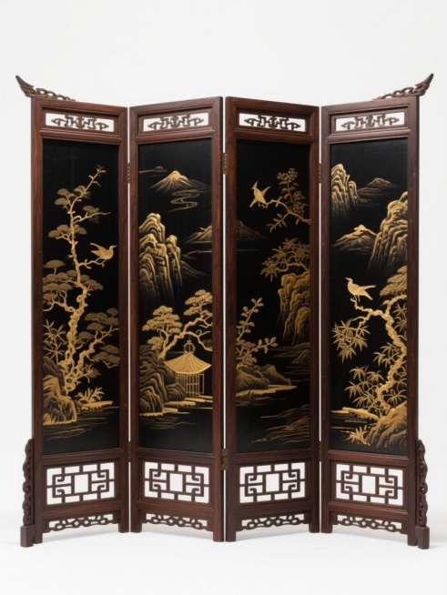 一个古色古香的四扇屏风，采用深棕色实木框架，整体结构庄重典雅。屏风主体为黑色漆底，上面雕刻着精美的金色山水花鸟图案，图案层次分明，细节丰富，展现出细腻的传统工艺美感。屏风底部有镂空的格栅设计，顶部带有传统中式装饰性尖角。整个屏风放置在纯白色背景前，光线柔和，呈现出清晰的立体感和真实的木质纹理质感，营造出典雅、古朴、宁静的东方韵味。预览效果