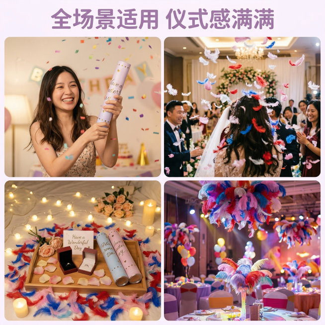 [主图 4：多场景适用展示] 四宫格展示不同使用场景，分别是：生日派对女生手持礼花筒微笑庆祝、婚礼接亲时喷撒羽毛、求婚现场浪漫布置、节日派对氛围装饰，四个场景统一浪漫暖调，整体画面干净协调，每个场景自预览效果