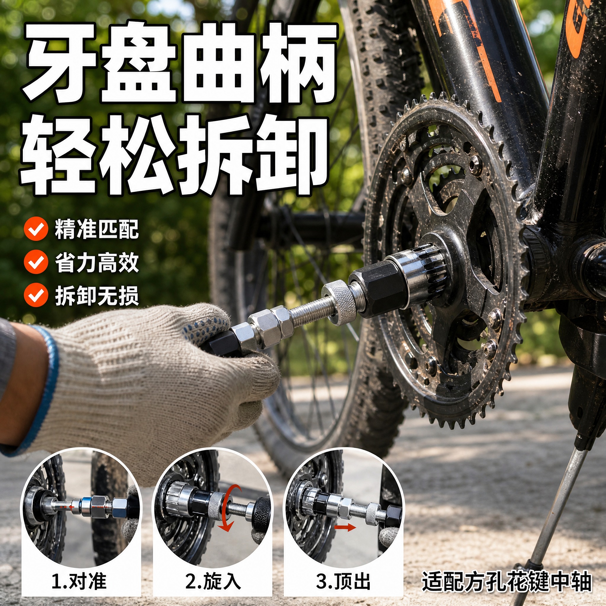 [主图-4] 自行车维修工具套装 牙盘曲柄拆卸使用场景图，核心… - 图片创意预览