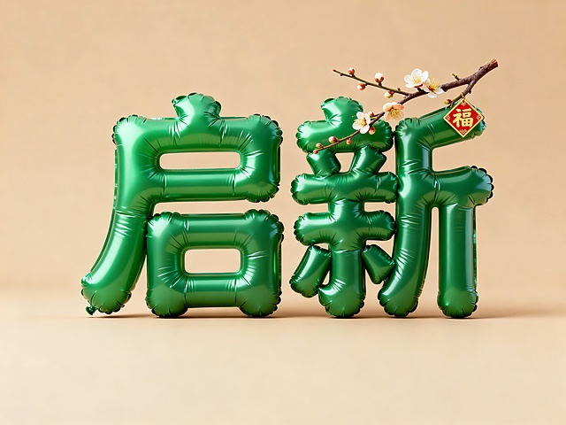 3D充气风“启新”字样，重拟物质感搭配梅花与福字挂饰，喜庆感十足，传递新春祝福。