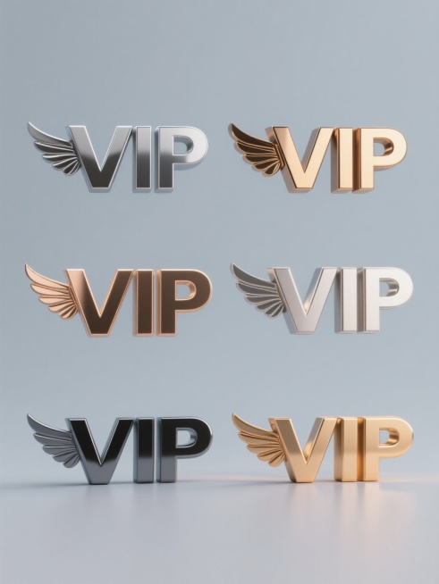 一系列6个不同配色、不同样式、不同材质的「VIP」立体造型，每个VIP字母均带有对称展开的翅膀设计，保持简约现代的整体风格，采用纯色背景，无任何文字、logo及水印，规整排布形成一组视觉协调的组合，具备3D金属质感的光泽表现，光影过渡自然，每个造型拥有独特的色彩方案与材质细节，整体呈现出精致高端的视觉效果。预览效果