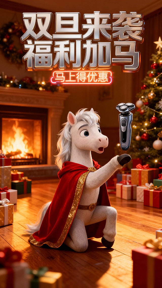 3D卡通拟人小马身披红袍，置身圣诞暖光客厅，霓虹灯字“双旦来袭”闪耀，金属质感剃须刀悬浮手中，喜庆温馨氛围拉满。
