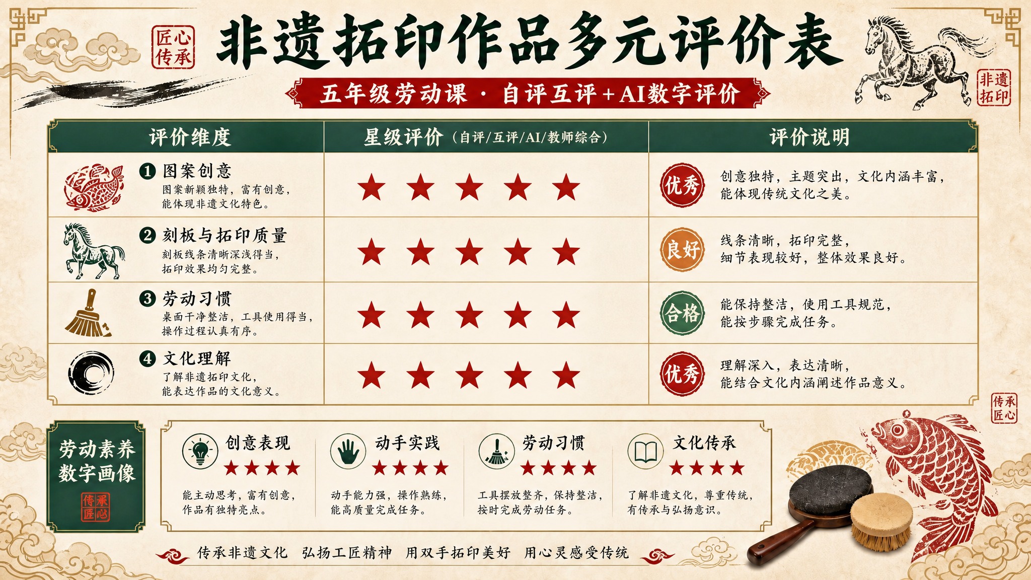 基于参考图重新设计的小学劳动课「非遗拓印作品多元评价表」横版海… - 图片创意预览