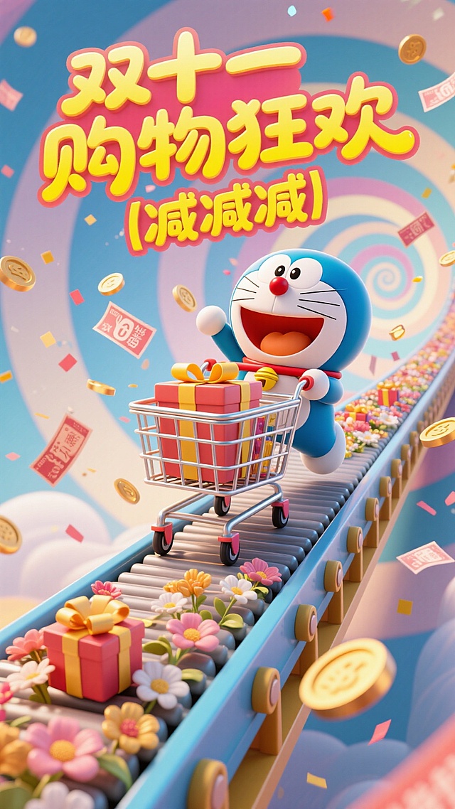 软3D风+拟人卡通，哆啦A梦推购物车冲向双十一狂欢，波普色彩与粒子飞舞，喜庆促销感十足。