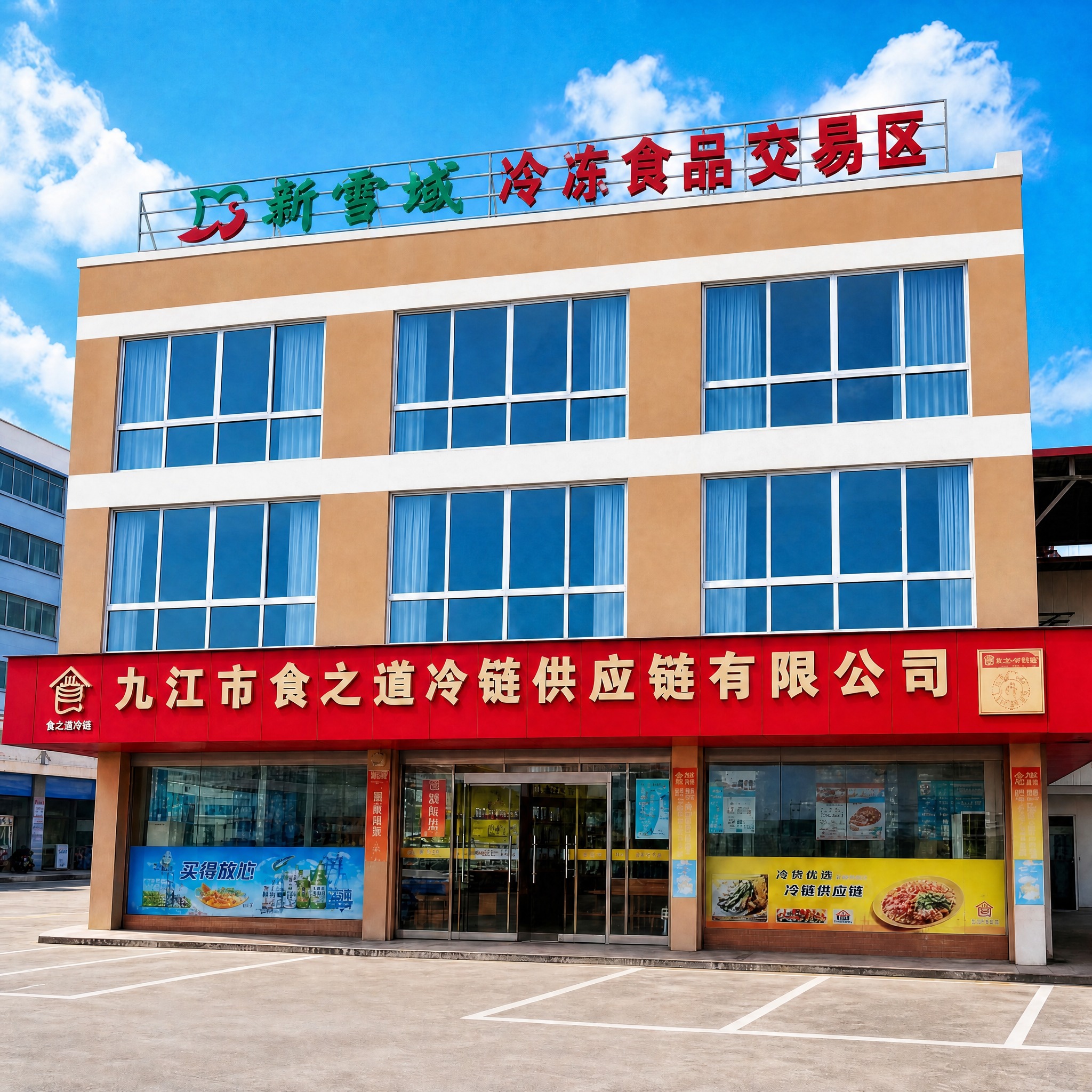 将图2建筑顶部的招牌文字替换为图1中的“新雪域冷冻食品交易区”… - 图片创意预览