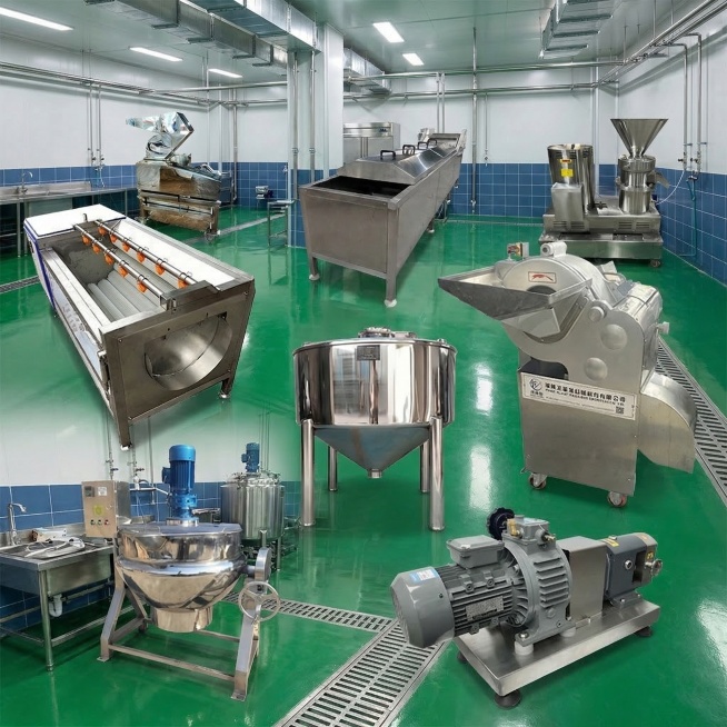 将图中的所有食品加工不锈钢设备合理摆放在整洁的工厂车间内，形成真实的工厂实拍图，地面为环氧地坪，光线明亮，环境干净整洁，符合工业生产场景预览效果
