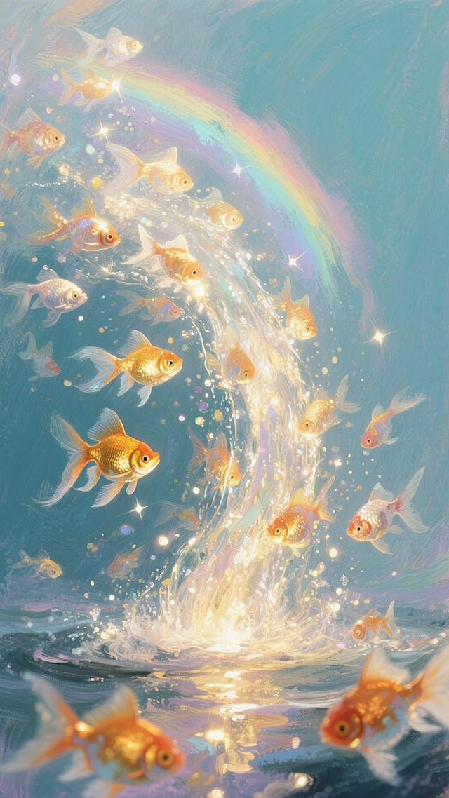 达利抽象画风，一个浅色彩虹里，涌出成千上万只发光的金鱼，形成一道金鱼瀑布。魔法现实主义，奇幻风，体积光，高对比度，锐利对焦，纯色背景