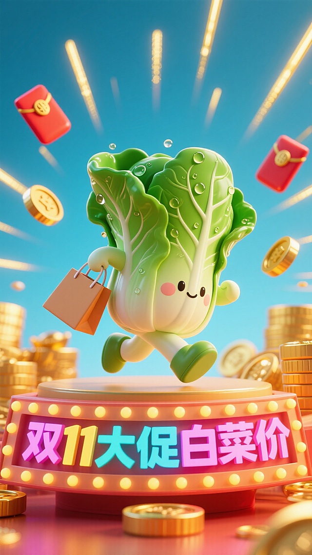 软3D风拟人白菜，萌趣奔跑持购物袋，霓虹灯牌闪耀“双11大促白菜价”，金币红包飞舞，喜庆促销感十足。