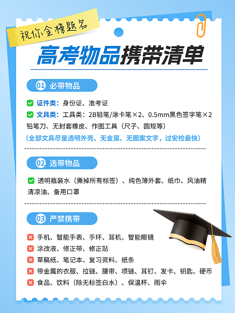 蓝白手帐风高考物品携带清单科普分享小红书配图